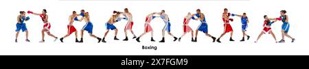 Collage made of men and women, boxing athletes in motion, training, fighting, practicing punches isolated on white background Stock Photo