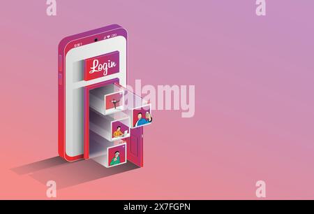 Visual metaphor of access to online social platforms. The typical contents (Photo and Video) overflow out of the door as a preview of what is inside. Stock Vector