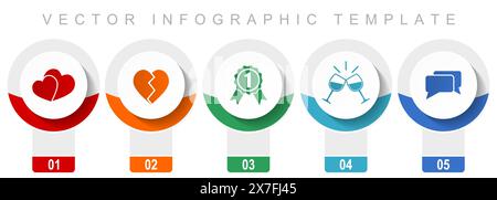 Love icon set, miscellaneous vector icons such as heart, badge, toast and chat, modern design infographic template, web buttons in 5 color options Stock Vector