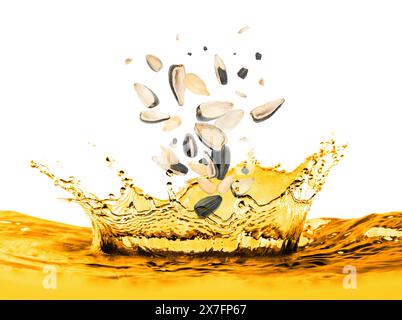 Sunflower seeds falling into cooking oil on white background Stock Photo