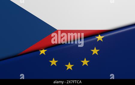 Czech and European flags folded and glued together with fabric texture - 3D rendering Stock Photo