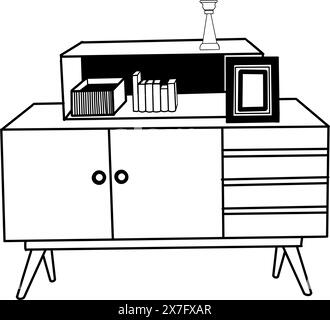 Chest of drawers with drawers, a shelf for books, decorative elements on the shelves. Vector illustration, chest of drawers hand drawn in black vector Stock Vector