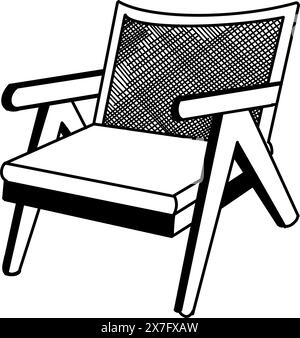 Vintage wooden chair with rattan on the back. Vector illustration of a chair, an interior item drawn in black. For designing interior sketches. Stock Vector