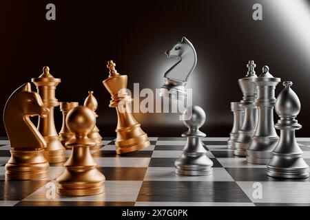 Gold and silver chess pieces on a board, with a knight piece in mid-air.3d rendering Stock Photo