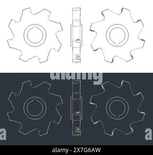 Stylized vector illustrations of blueprints of disc mill cutter Stock Vector