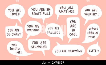 Set of speech bubbles with compliment phrases, self love quotes Stock Vector