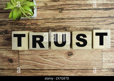 Concept of The wooden Cubes with the word Trust on wooden background. Stock Photo