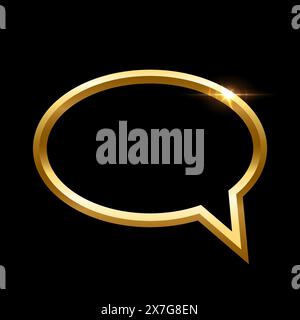 3D gold frame of speech bubble vector illustration. Realistic glossy golden balloon of social media chat on black background, elegant shiny dialog Stock Vector