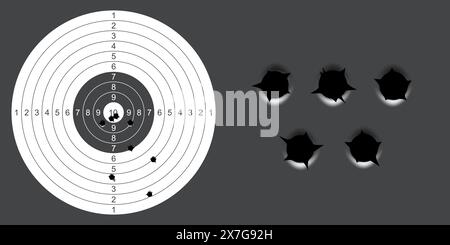 Target with bullet holes, big circle with range and score mark, cracks and holes from gun Stock Vector