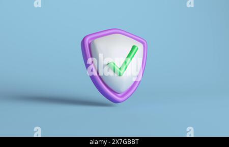 3D illustration of a security shield featuring a prominent green check mark, Concept protection and approval. Stock Photo