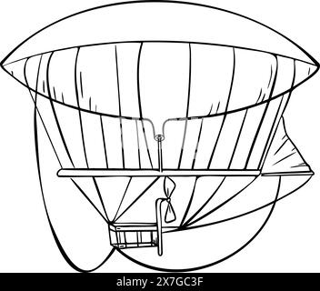 Dirigible early aviation black white contour vector illustration isolated. Airship ink outline hand drawn. Air transport childish design element for b Stock Vector