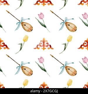 Kazakh watercolor pattern.Ornament with national symbols and dombra, with pink and yellow tulips. Spring hand drawing for the Nauryz holiday, for Stock Photo