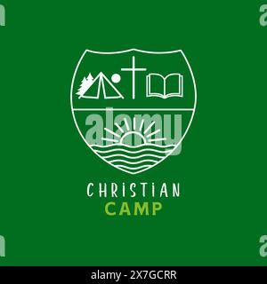 Christian camp logo, cross and bible. Line art shield design for camp t shirt, hoodie, sweatshirt or church sweater. Vector illustration Stock Vector