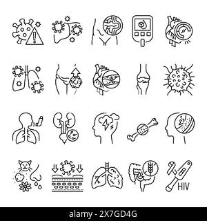 Human diseases  line black icons set. Signs for web page, mobile app, button, logo. Vector isolated buttons. Editable stroke. Stock Vector