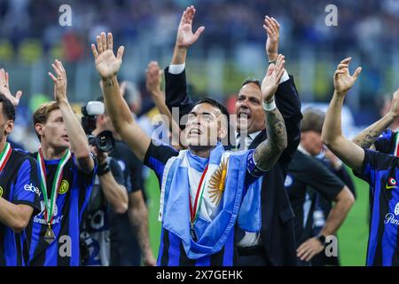 Milan, Italy. 19th May, 2024. Lautaro Martinez of FC Internazionale celebrates following the Serie A 2023/24 football match between FC Internazionale and SS Lazio at Giuseppe Meazza Stadium. Credit: SOPA Images Limited/Alamy Live News Stock Photo
