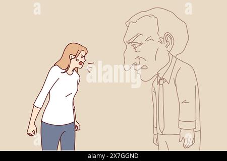 Angry woman screams at imaginary interlocutor, experiencing psychologically distress due to mental trauma from childhood. Conflict aggressive, psychologically unbalanced girl in need of sedatives Stock Vector