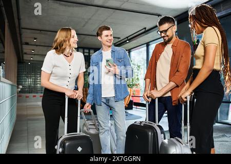 Diverse group of businesspeople in casual attire gather with luggage in hotel lobby, ready for a corporate trip. Stock Photo