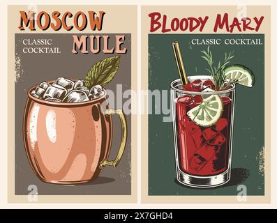 Cocktails retro poster Moscow Mule, Bloody Mary.  Stock Vector