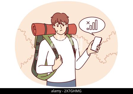 Lost traveler with backpack on back is looking for mobile network to find way home. Guy tourist got lost in forest and was sad when learned about lack of communication or bad GPS signal Stock Vector