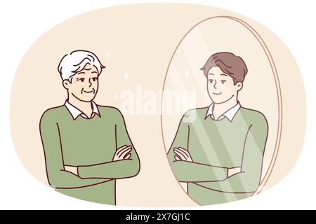 Elderly man stands in front of mirror and sees himself as young guy feeling surge of energy. Young guy looks at grandfather who looks like grandson or son for concept of generational heredity Stock Vector