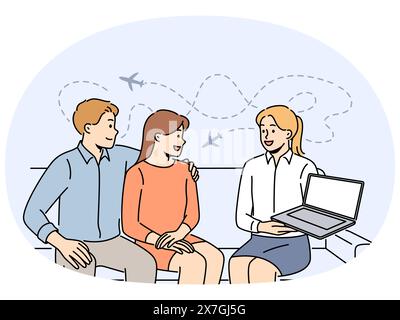 Smiling tour operator showing travel offer on laptop to excited couple clients. Happy agent recommend trip to customers in office. Tourism. Vector illustration. Stock Vector
