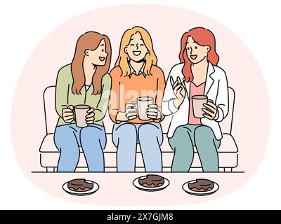 Smiling girls sitting on couch drinking tea eating desserts enjoying weekend together. Happy girlfriends relax with drinks and pastries at home. Vector illustration. Stock Vector