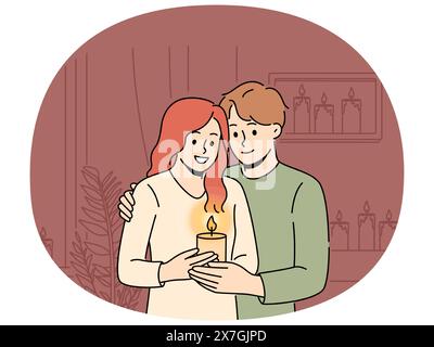 Smiling couple hug holding burning candle in hands enjoy romantic evening at home. Happy man and woman with candlelight in darkness. Love and romance. Vector illustration. Stock Vector