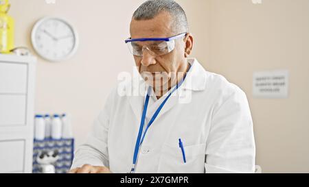 Concentrated hispanic man in lab goggles working in a hospital environment. Stock Photo
