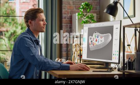 Young Male Footwear Designer Works on 3d Model of Shoe and Change Colours on It While Working on Desktop Computer in Creative Space. Shoe Production Procedure Concept. Stock Photo
