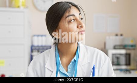 A thoughtful indian woman healthcare professional inside a laboratory, gazing away contemplatively. Stock Photo