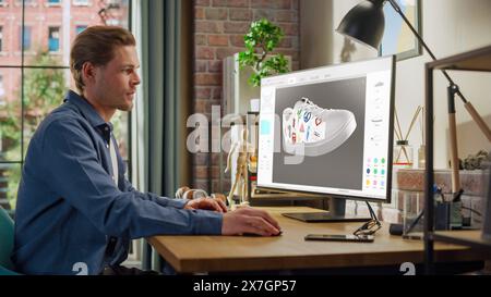 Young Male Footwear Designer Works on 3d Model of Shoe and Change Colours on It While Working on Desktop Computer in Creative Space. Shoe Production Procedure Concept. Stock Photo