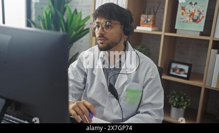 Handsome arab male doctor in headset working at clinic office with computer, paperwork, and indoor plants. Stock Photo