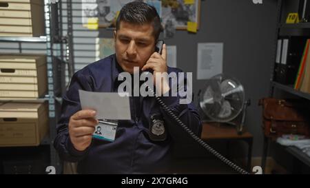 A focused hispanic man examines a document while on the phone in a detective's office, portraying an atmosphere of inquiry and law enforcement. Stock Photo