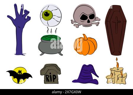 Set of Halloween related objects and creatures. Set of Halloween icons for your design. Flat and line design. Halloween symbols. Stock Vector