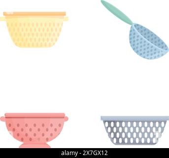 Colander icons set cartoon vector. New colander of various shape and color. Kitchenware Stock Vector