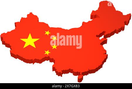 The map of China overlayed by the Chinese flag isolated on pure white background. Stock Photo