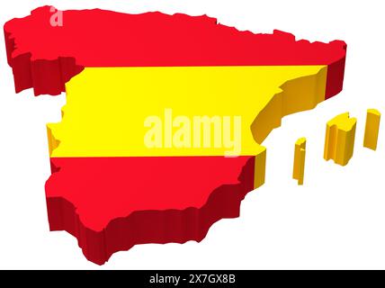 The map of Spain including the Balearic islands overlayed by the Spanish flag isolated on pure white background. Stock Photo