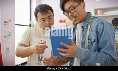 Two men analyzing a design on a tablet in a well-lit modern tailor shop. Stock Photo
