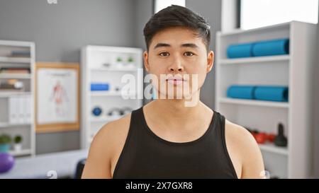 A young asian man in a sleeveless shirt poses confidently in a well-equipped physiotherapy clinic. Stock Photo