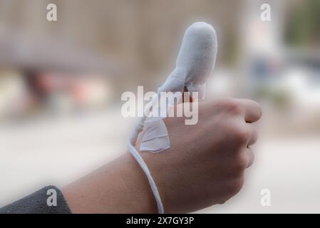 thumb, injury, bandage, hand, finger, pain, thumbs up Stock Photo