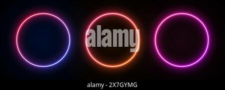 Neon round frame. Gradient led circle border on black background. 3d futuristic banner ring. Template with bright laser spheres. Electric fluorescent portals. Stock Vector