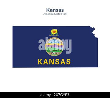 Kansas flag and map. Flags of the U.S. states and territories. America states flag and map on white background. Stock Photo