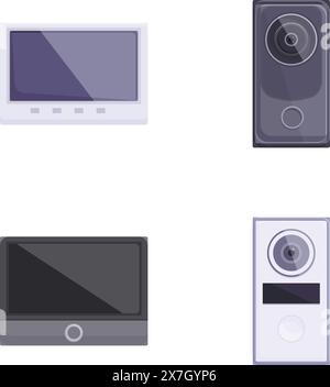 Intercom icons set cartoon vector. Video audio door phone entry system. Entrance security device Stock Vector