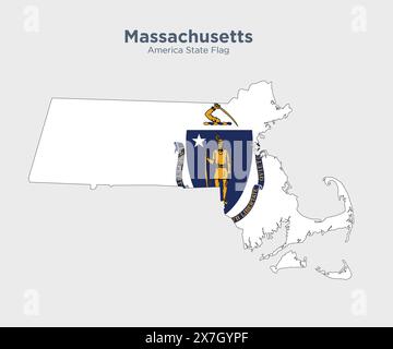 Massachusetts flag and map. Flags of the U.S. states and territories. America states flag and map on white background. Stock Photo