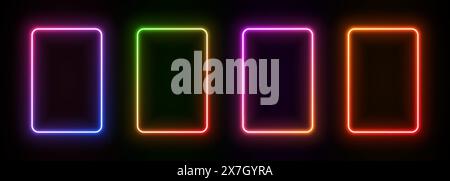 Light neon rectangle frame. Glow laser border on a black background. Led vertical box. Electric futuristic doors. Fluorescent templates for design with text. Stock Vector