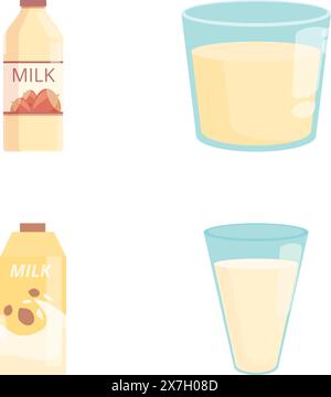 Plant milk icons set cartoon vector. Vegan milk in carton box, bottle and glass. Lactose free drink Stock Vector