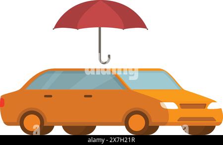 Flat design vector illustration of a yellow taxi covered by a large red umbrella Stock Vector