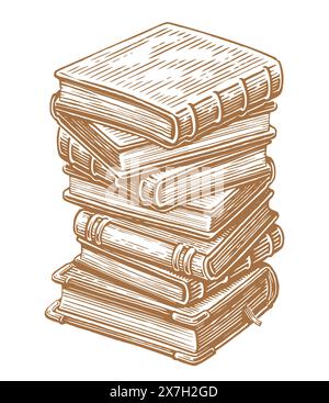 Pile of old books in hardbacks with bookmark. Vertical stack of ancient textbooks for reading. Sketch drawing Stock Vector