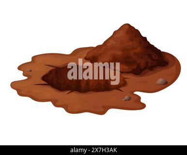 Deep hole in the ground with grass and stones. Brown soil, large cracks and ruins. Digging of sand coal waste rock. Detailed drawing in cartoon style Stock Vector