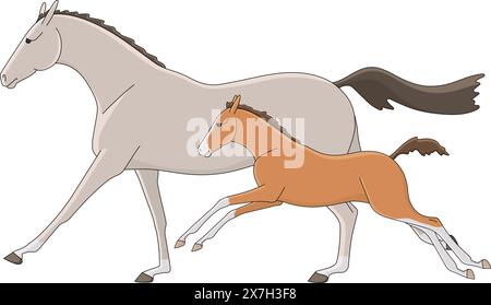 Running free mare with foal. Vector illustration Stock Vector